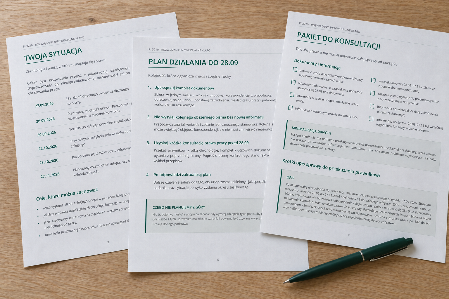 Wizualizacja rezultatu Rozwiązania Indywidualnego Klaro RI 3210: uporządkowana sytuacja, plan działania i pakiet do konsultacji.